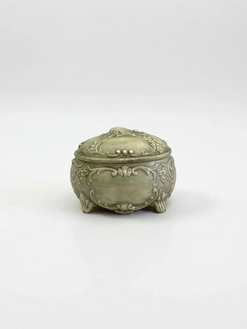 Vintage Art Nouveau Style Ceramic Jewelry Casket Green Patina Finish Marked GB